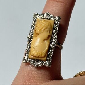 Art Deco Celluloid Rectangle Cameo Marcasite Silver Tone Ring Size 3.5 Uncas Co